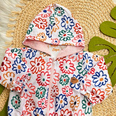 Inverno 2025 - Jaqueta Corta Vento Flowers Colors - Branco e Colorido